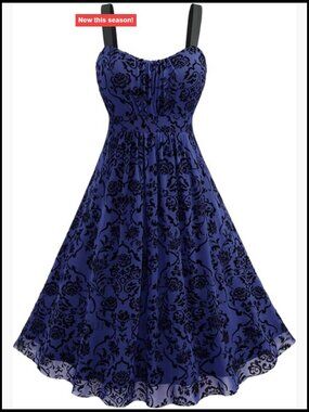 Plus Size Vintage Goth Sleeveless Midi A-Line Dress Floral Flocking Overlay
